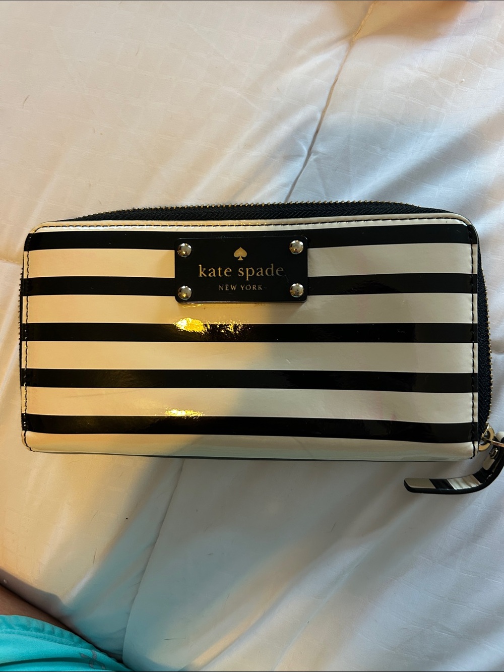 kate spade Black and White Striped Patent Zip Wallet